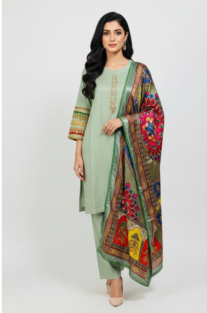 Sage Green Embroidered Cotton Suit with Multi-Color Printed Shawl
