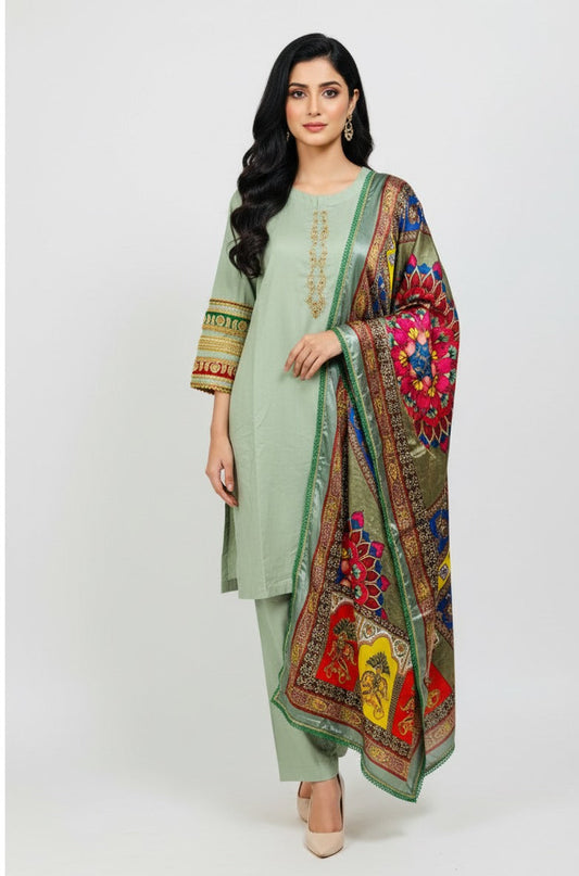 Sage Green Embroidered Cotton Suit with Multi-Color Printed Shawl