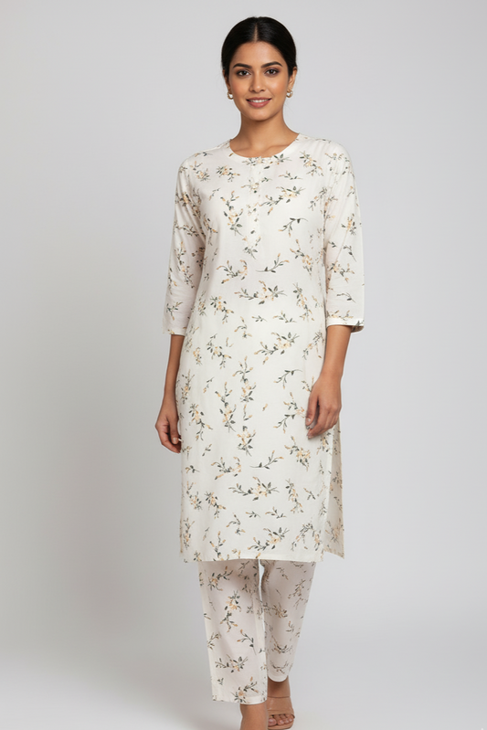 Soft Cream Floral Printed Kurta Set