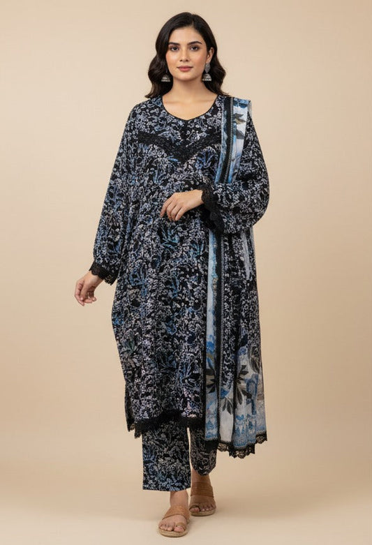 Monochrome Elegance 3-Piece Printed lawn Suit (Black & White)