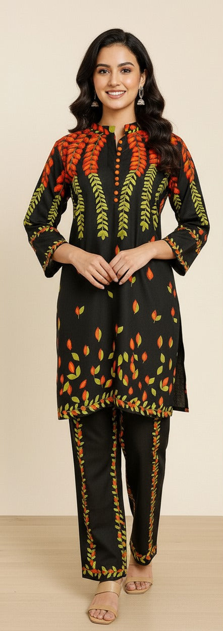 Black Silk Kurta Set with Vibrant Leaf Motif print