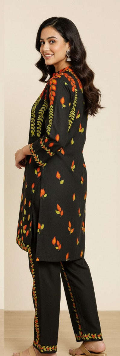 Black Silk Kurta Set with Vibrant Leaf Motif print