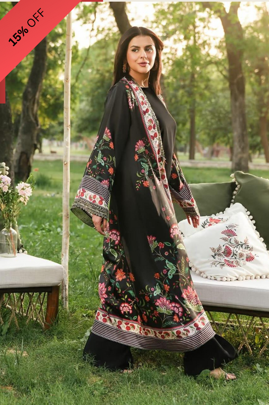 3 Pcs Women's Stitched Printed Gown Suit