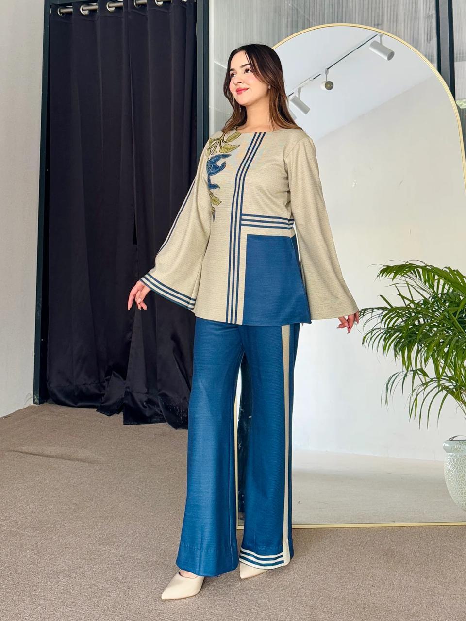 Stylish Blue Printed Women's Stitched Shirt and Trouser Set - 2 Pcs