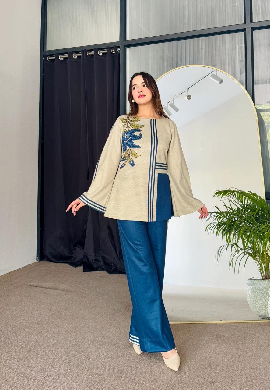 Stylish Blue Printed Women's Stitched Shirt and Trouser Set - 2 Pcs
