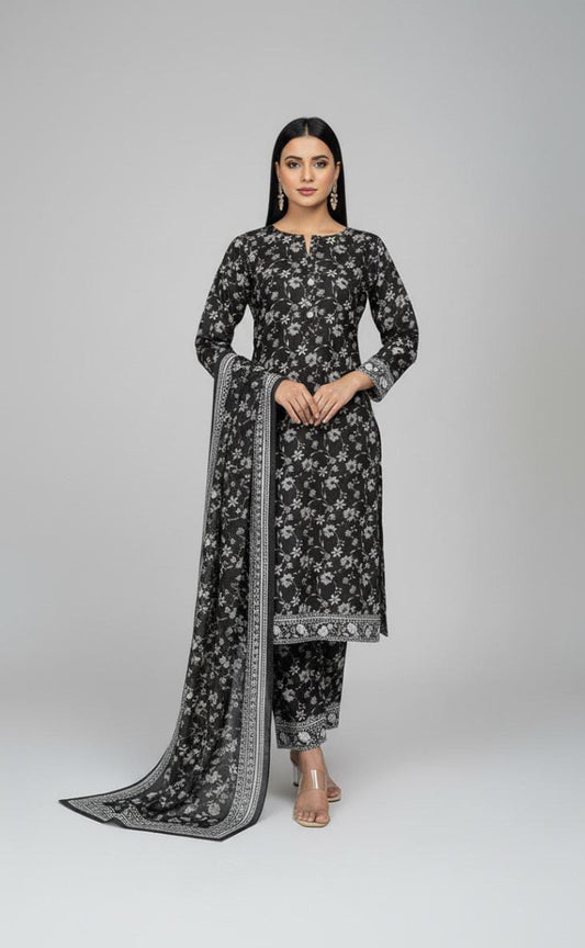 Timeless Black & White Floral Printed 3-Piece Unstitched Suit