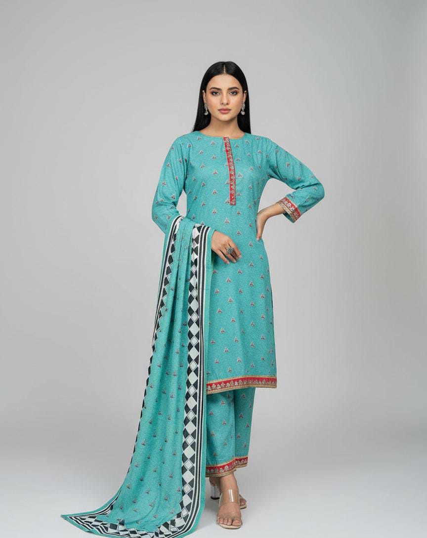 Vibrant Aqua Printed 3-Piece Unstitched Suit with Red & Black Accents