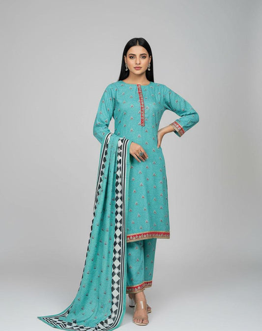 Vibrant Aqua Printed 3-Piece Unstitched Suit with Red & Black Accents