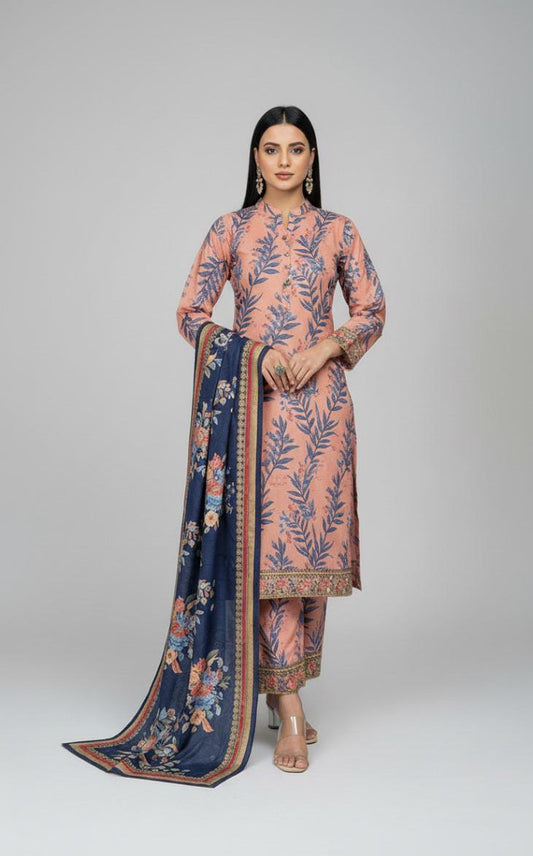 Blush Pink and Navy Unstitched 3-Piece Suit with Floral Dupatta