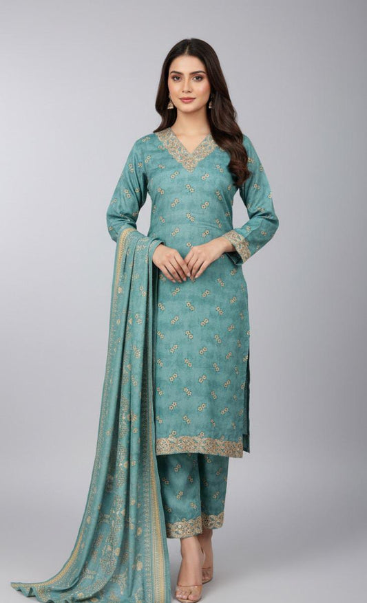 Aqua Blue & Gold-Toned Printed Straight-Cut Unstitched suit