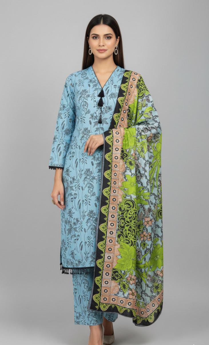 Un Stiched Sky Blue Printed Suit Set with Bold Lime Green Floral Dupatta