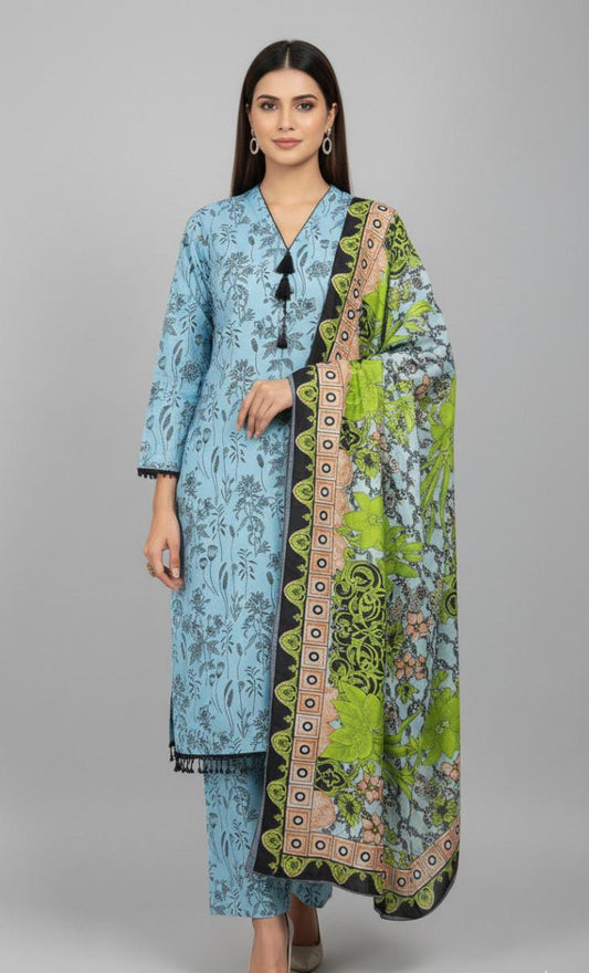 Un Stiched Sky Blue Printed Suit Set with Bold Lime Green Floral Dupatta