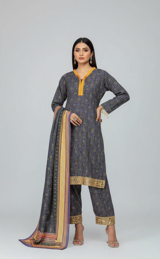 Charcoal Grey Printed Unstitched Suit with Mustard & Gold Accents
