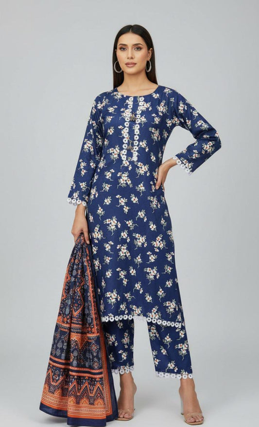 Navy Blue Floral Printed Unstitched Suit with White Lace & Contrast Dupatta