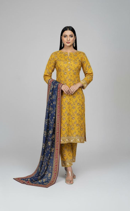 Mustard Yellow Printed Unstitched Suit with Contrast Navy Blue Dupatta