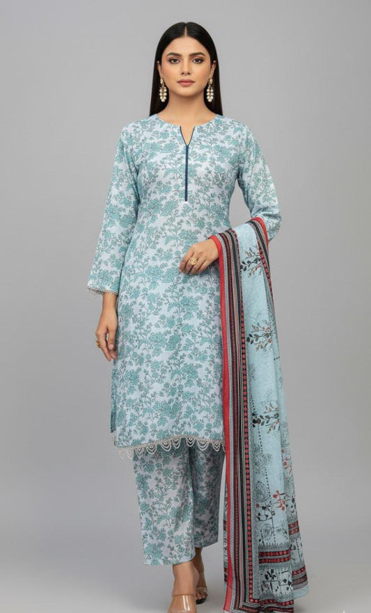Aqua Floral Printed 3-Piece Unstitched Suit