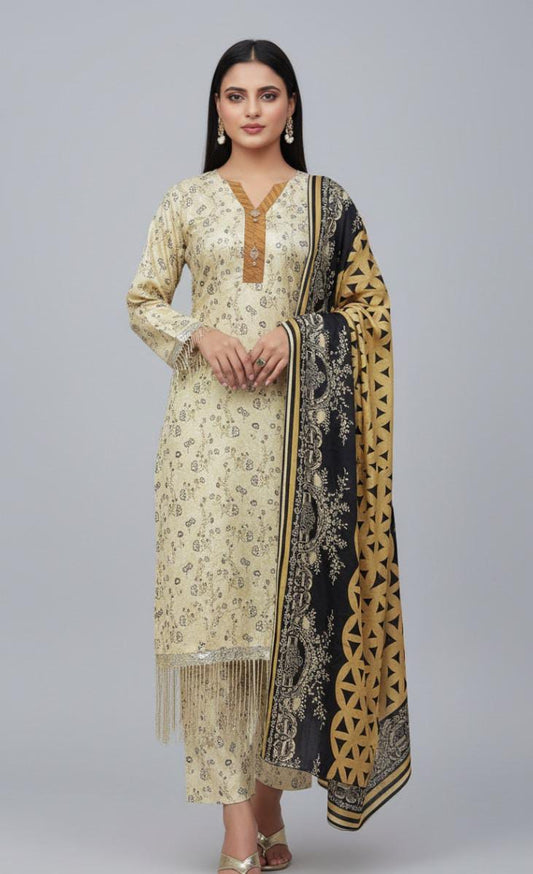 Elegant Beige 3-Piece Unstitched Suit with Geometric Contrast Dupatta