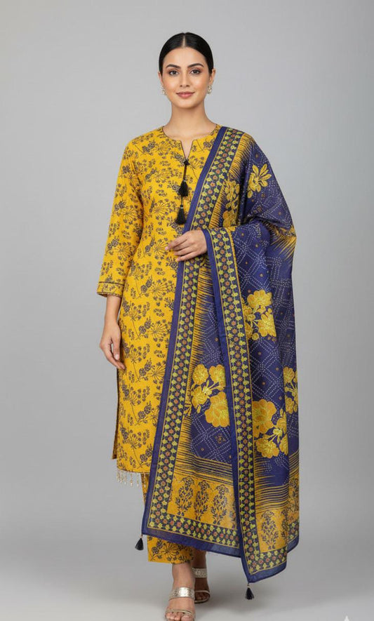 Unstitched 3-Piece Yellow Floral Suit with Navy Blue Border Print Dupatta