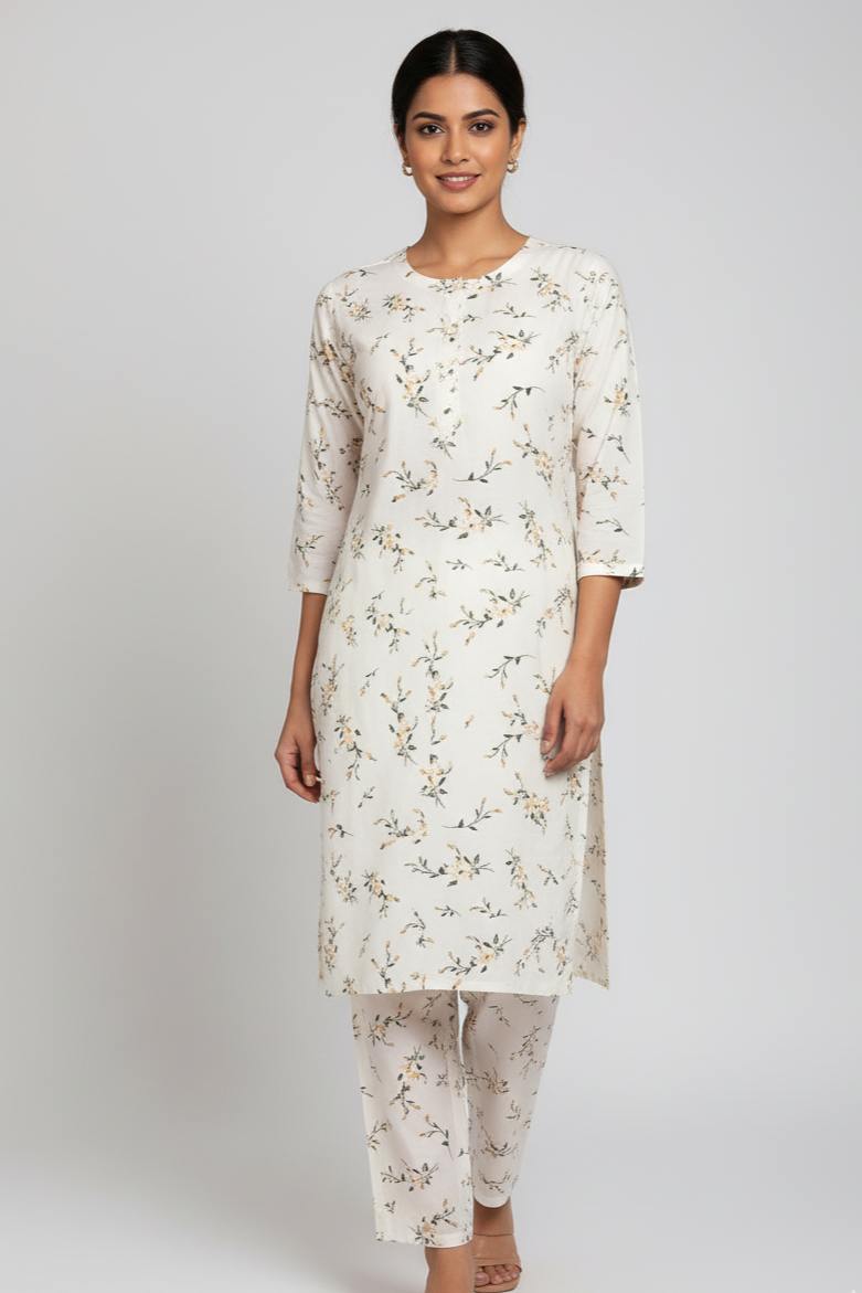 Soft Cream Floral Printed Kurta Set