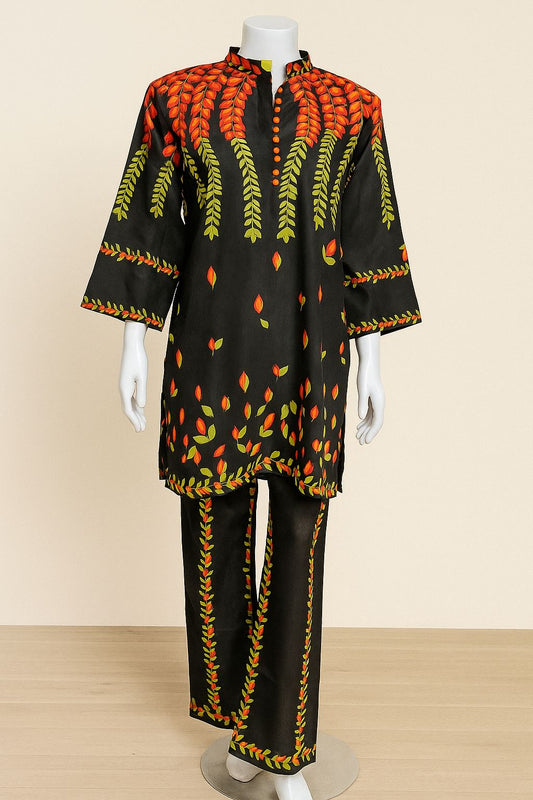 Black Silk Kurta Set with Vibrant Leaf Motif print