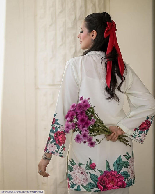 2 pcs women's stiched silk printed shirt and trouser