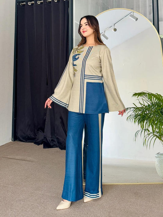 Stylish Blue Printed Women's Stitched Shirt and Trouser Set - 2 Pcs