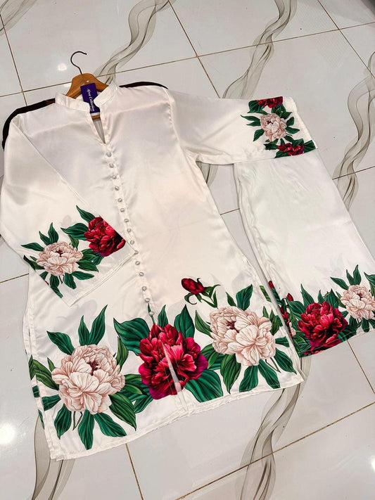 2 pcs women's stiched silk printed shirt and trouser