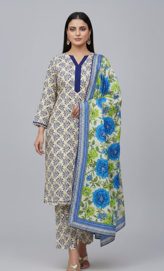 unstiched Cream and Indigo Printed Suit with Vibrant Blue Floral Dupatta