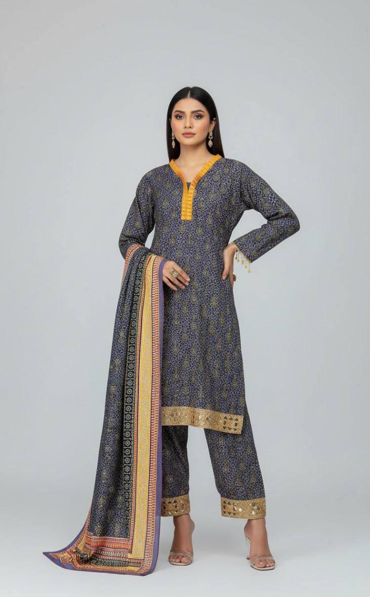 Charcoal Grey Printed Unstitched Suit with Mustard & Gold Accents