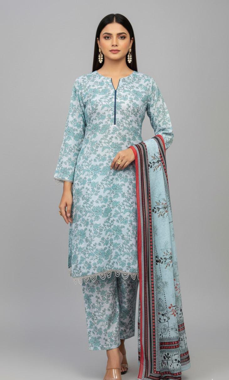 Aqua Floral Printed 3-Piece Unstitched Suit